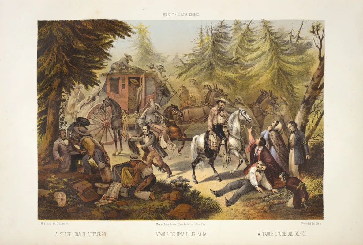 A Stage Coach Attacked by C. Castro - Canvas Print