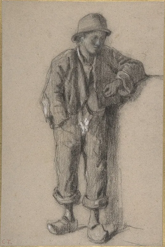 A Standing Peasant Boy In Hat And Wooden Shoes