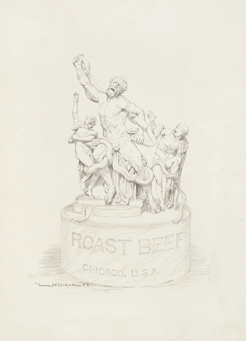 A Statue Of Three Men Being Attacked By Snakes The Base Of The Statue Reads Roast Beef Chicago U S A