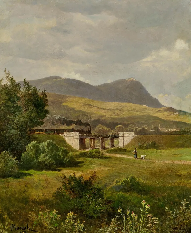 A Steam Train With Leopoldsberg And Kahlenberg In The Background by Leopold Munsch - Canvas Print