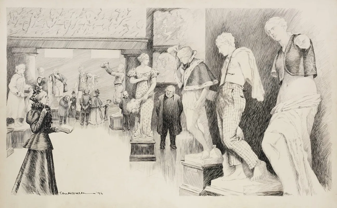 A Stern Woman And A Clergyman Look Disapprovingly At Nude Statues In A Museum Which Have Been Covered With Clothes
