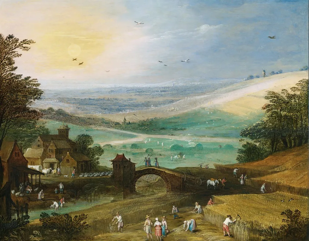 A Summer Landscape With Figures Bringing In The Harvest by Joos de Momper - Canvas Print