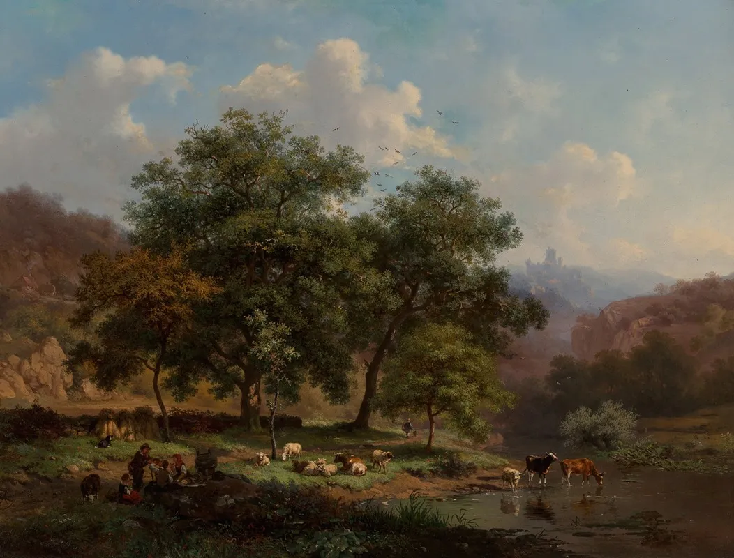 A Summer Landscape With Figures Resting With Their Flock Beside A River Where Cattle Are Watering by Frederik Marinus Kruseman - Canvas Print