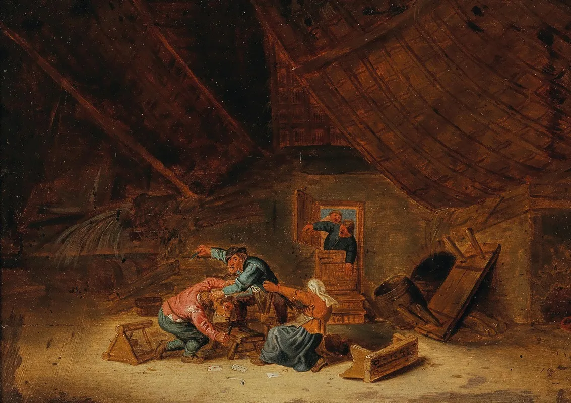 A Tavern Interior With Brawling Peasants