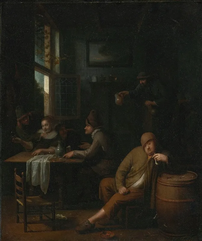 A Tavern Interior With Figures Drinking At A Table And A Man Smoking A Pipe