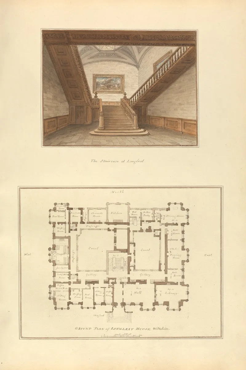 A The Staircase At Longleat B Ground Plan Of Longleat House Wiltshire by John Buckler - Canvas Print