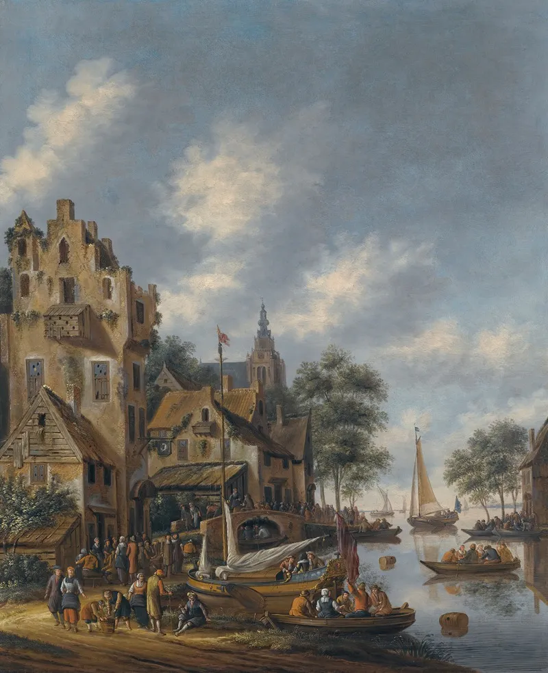 A Town On The Banks Of A River With Figures At The Waterside by Thomas Heeremans - Canvas Print