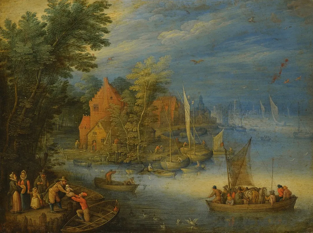 A Town On The Banks Of A Wide River With A Heavily Laden Ferry Approaching The Shore In The Forgeound by Jan Brueghel the Younger - Canvas Print