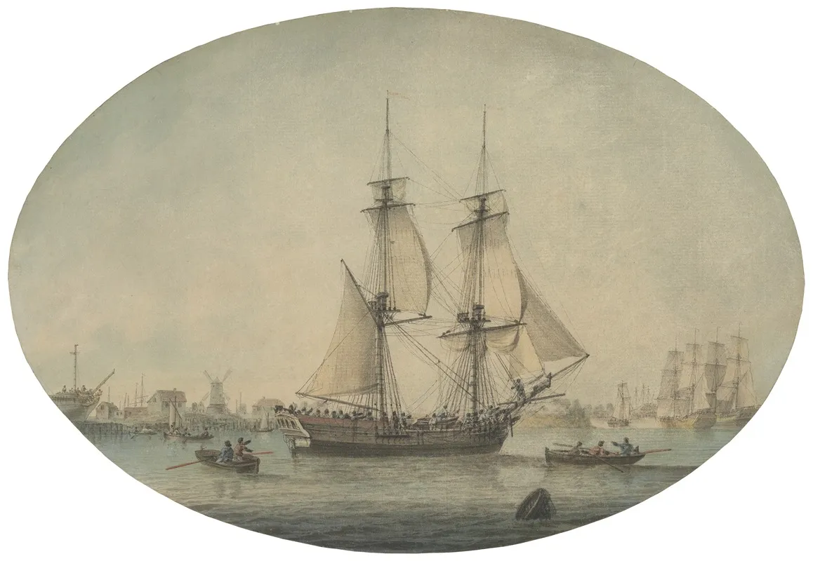 A Trading Brig Preparing To Set Sail On The Thames Warships Running Down The Estuary Beyond by Samuel Atkins - Canvas Print