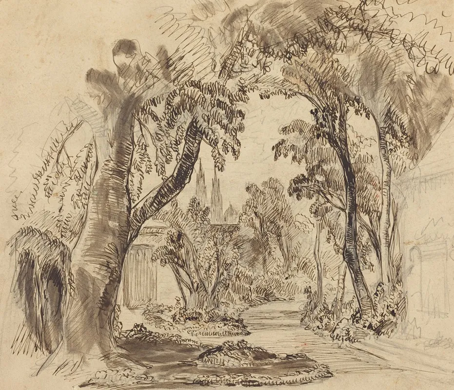 A Tree Lined Garden Path Preliminary Sketch For Sleeping Beauty And The Beast by Robert Caney - Canvas Print