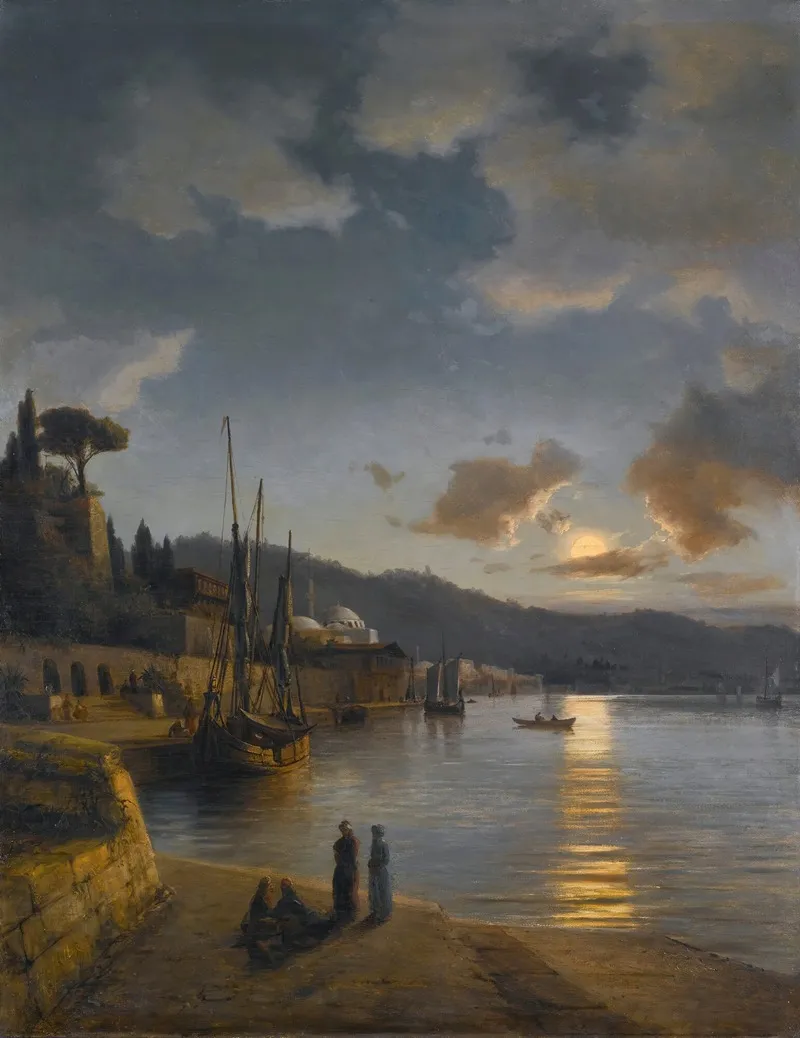 A Turkish Harbour By Moonlight by Anton Melbye - Canvas Print