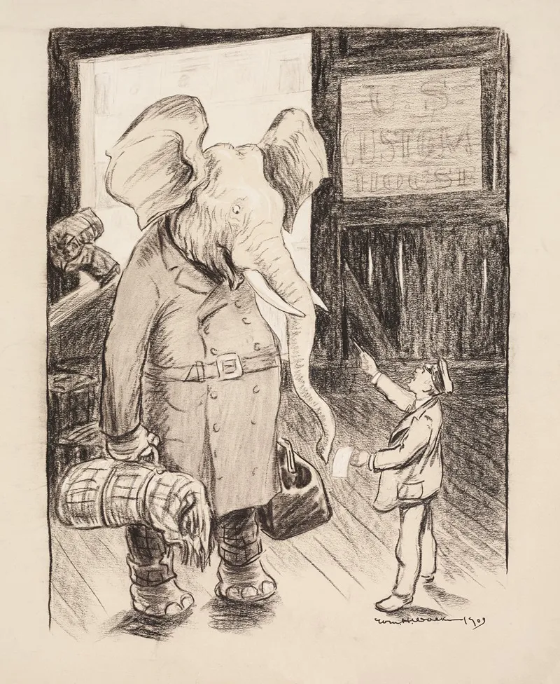 A U S Custom House Official Argues With The Republican Party Elephant