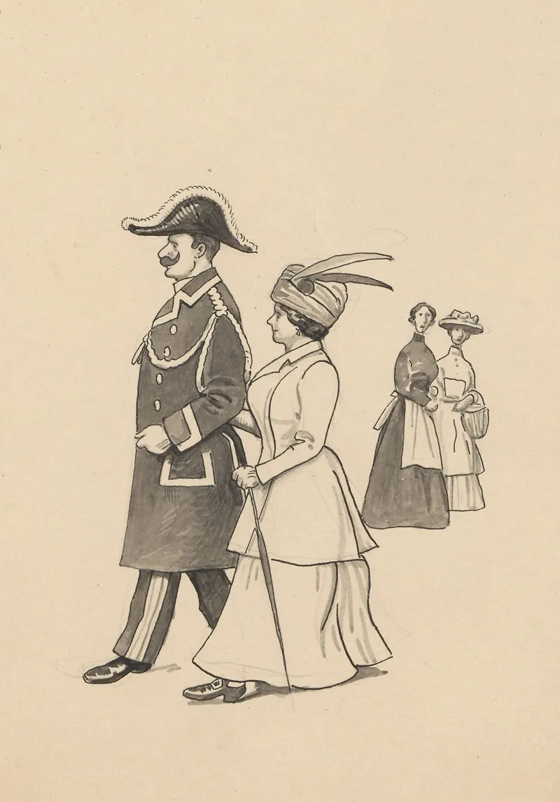 A Uniformed Man And An Elegant Lady Stroll Arm In Arm