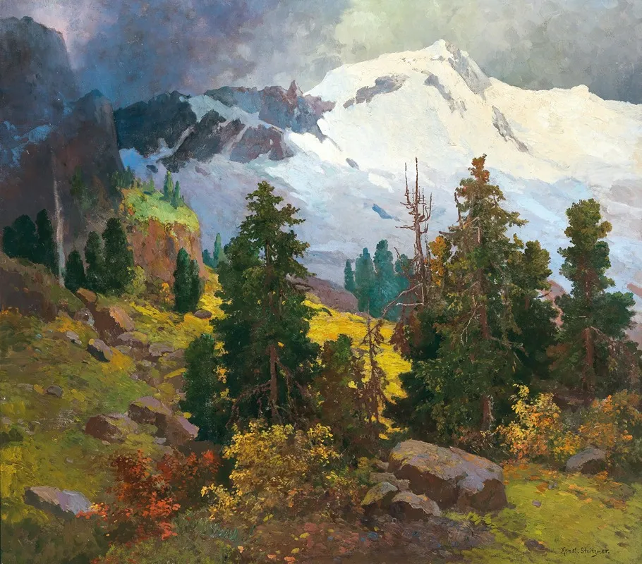 A Vast Mountain Landscape by Konstantin Stoitzner - Canvas Print