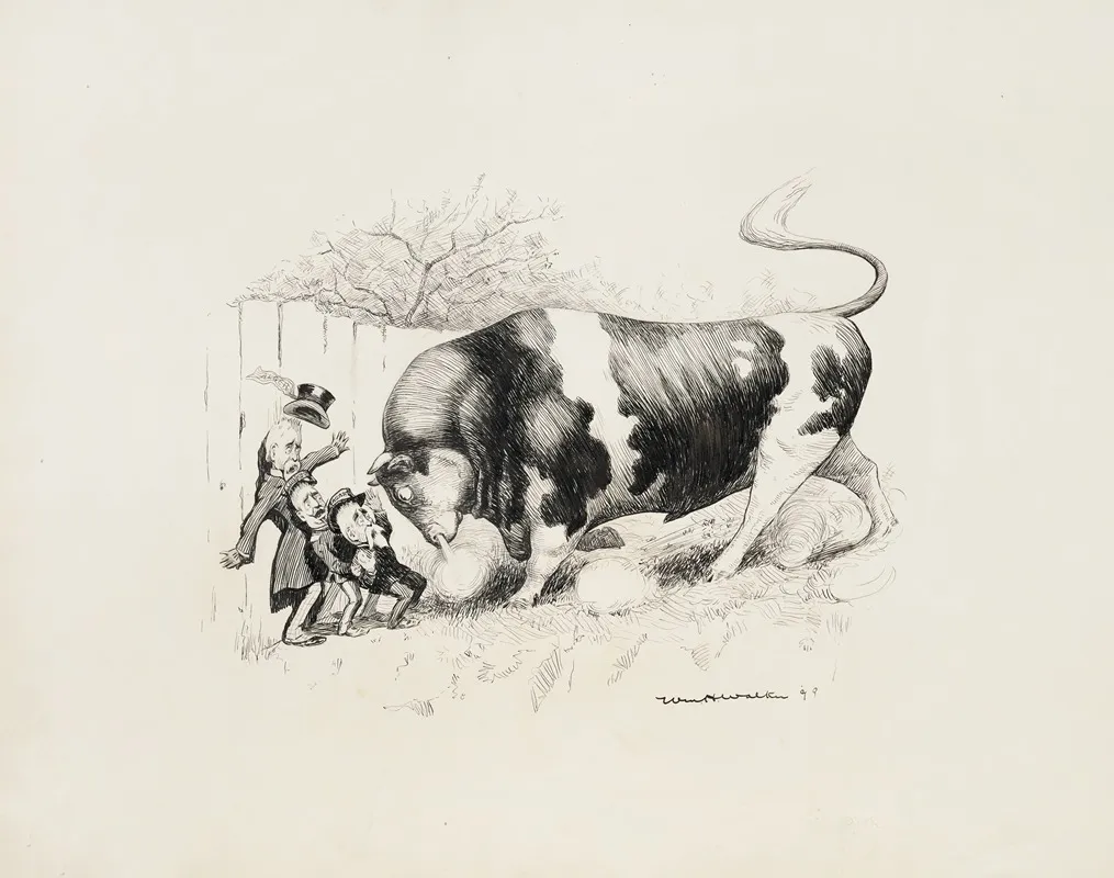 A Very Large Bull Backs Up Three Small Men Against The Fence Alger Corbin And Eagan