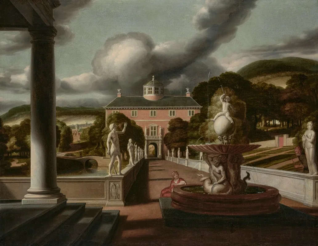 A View From A Villa With A Woman Seated At A Fountain And An Avenue Of Statues by Samuel van Hoogstraten - Canvas Print