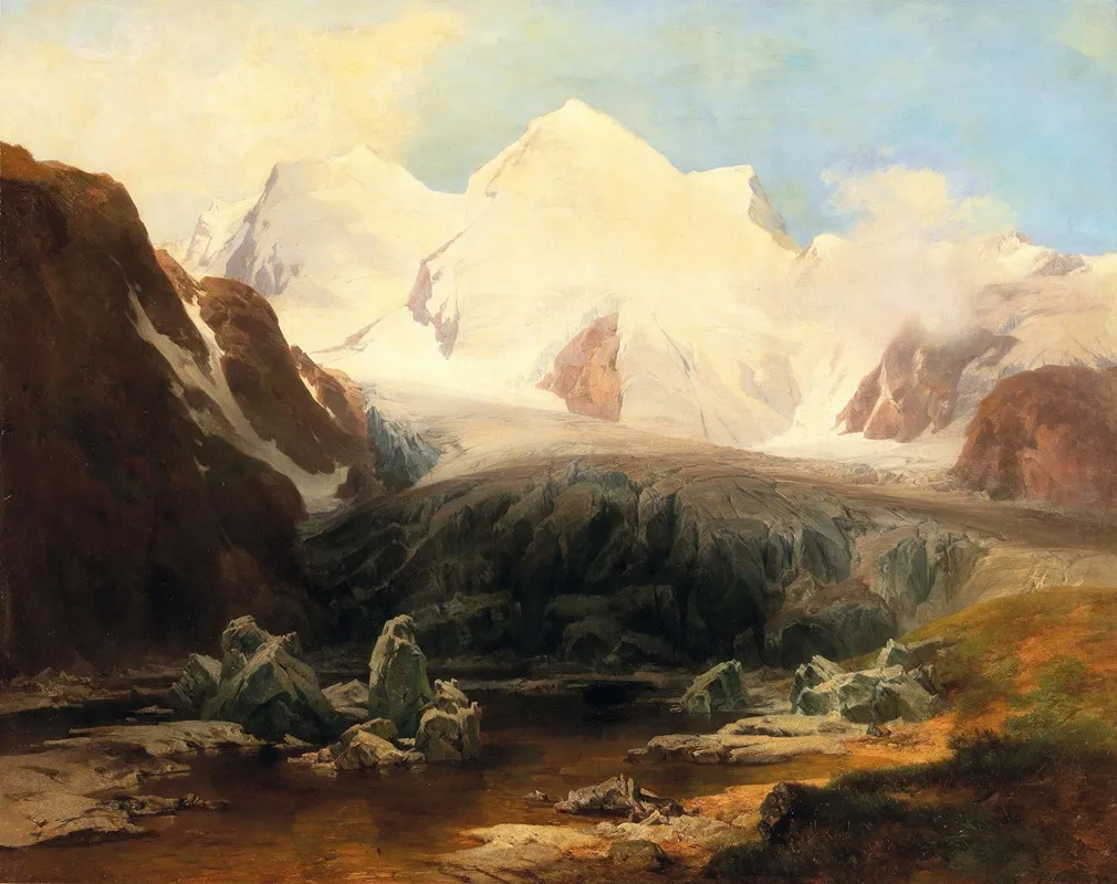 A View Of A Mountain Lake With Snow Capped Mountains In The Background by Anton Hansch - Canvas Print