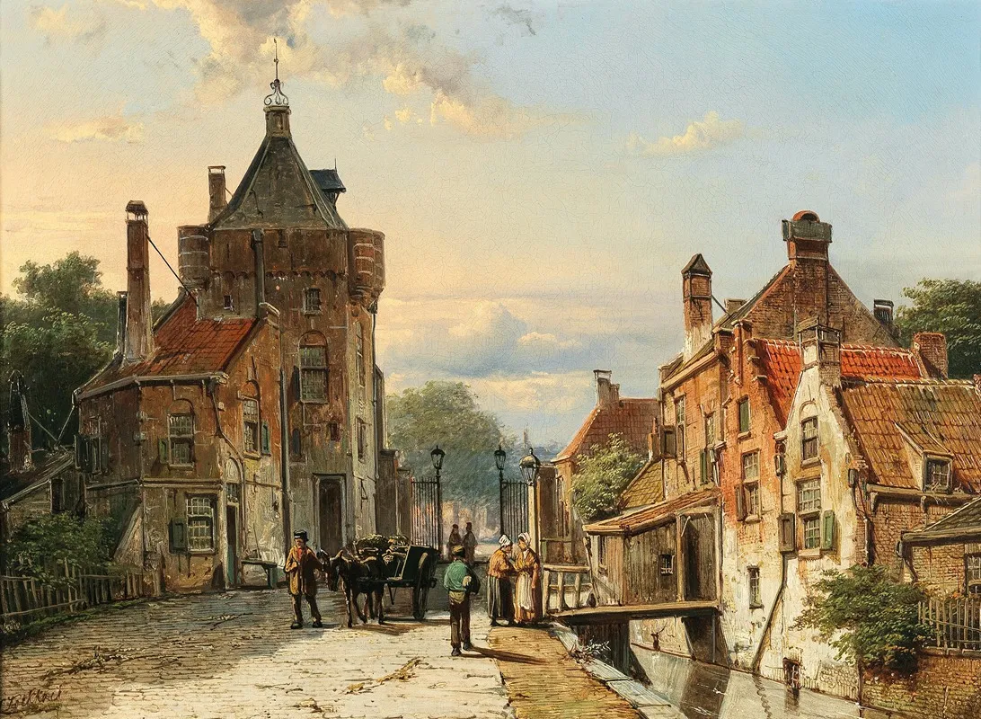 A View Of A Netherlandish Town With Figures Chattering by Willem Koekkoek - Canvas Print