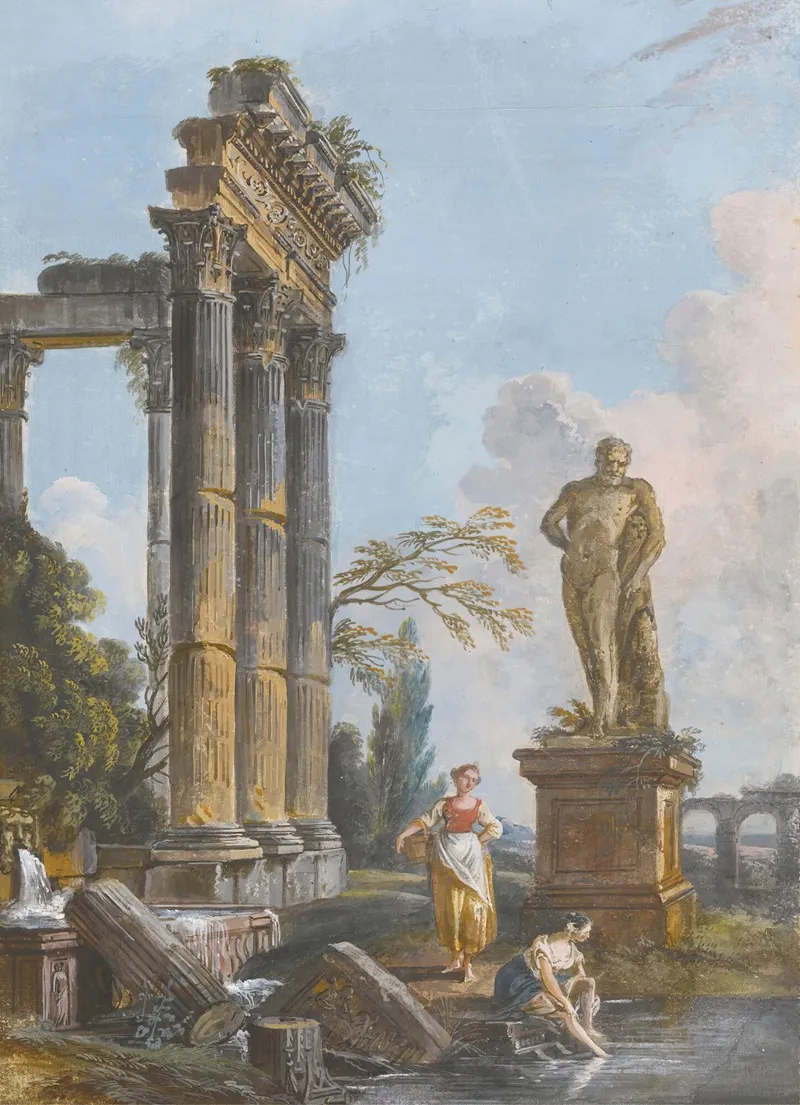 A View Of A Ruined Temple With Washerwomen by Jean-Baptiste Lallemand - Canvas Print