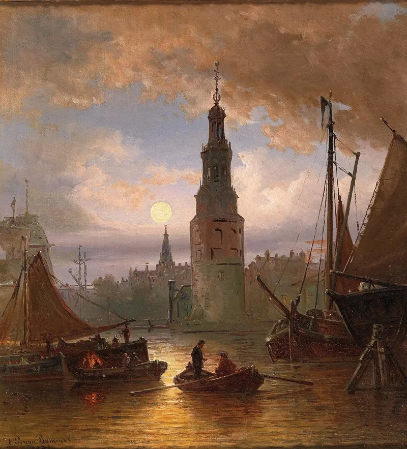 A View Of Amsterdam In The Moonlight by Elias Pieter van Bommel - Canvas Print