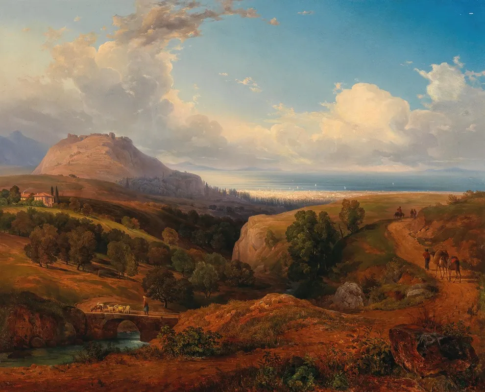 A View Of An Oriental Fortress With A Harbour City Beyond by Emanuel Stöckler - Canvas Print