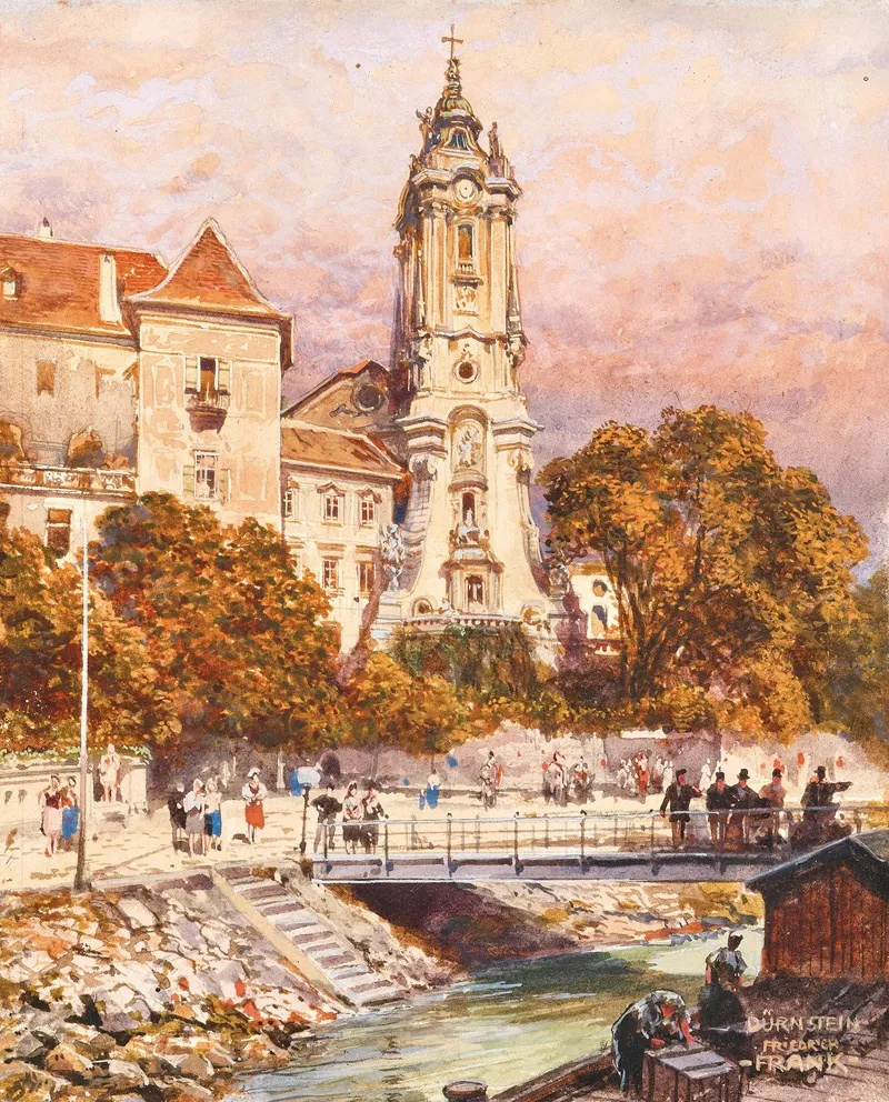 A View Of Durnstein Monastery The Shipping Pier In The Foreground