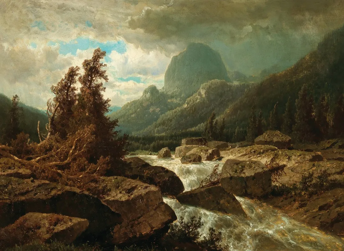A View Of Lake Hintersee Ramsauer Ache In The Background Mount Halskopf by Adolf Chwala - Canvas Print