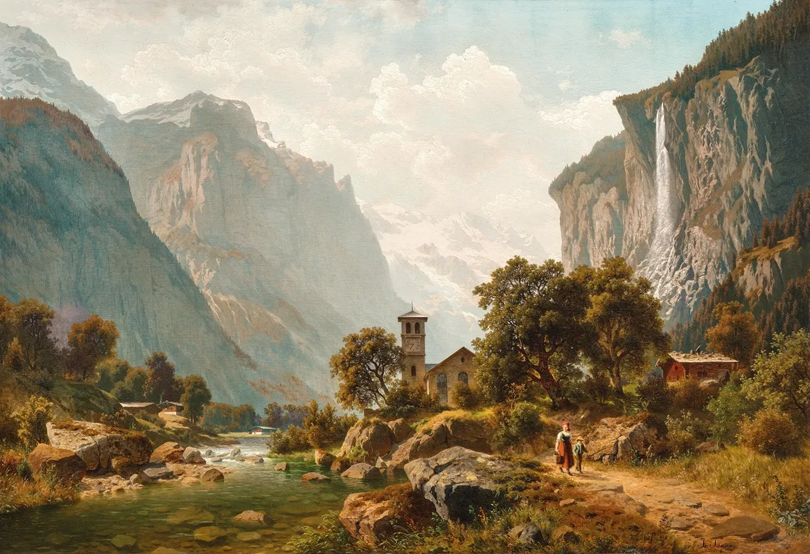 A View Of Lauterbrunnen And Staubbach Falls Switzerland by Johann Joseph Jansen - Canvas Print