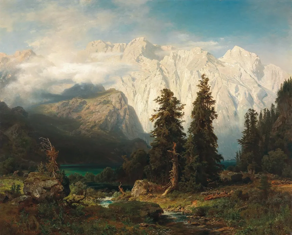 A View Of The Watzmann Mountain And Lake Konigssee by August Wilhelm Leu - Canvas Print