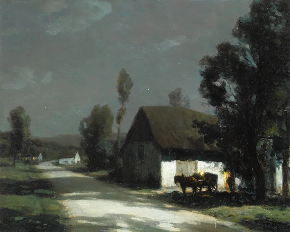 A Village Road In The Moonlight by François-Charles Cachoud - Canvas Print
