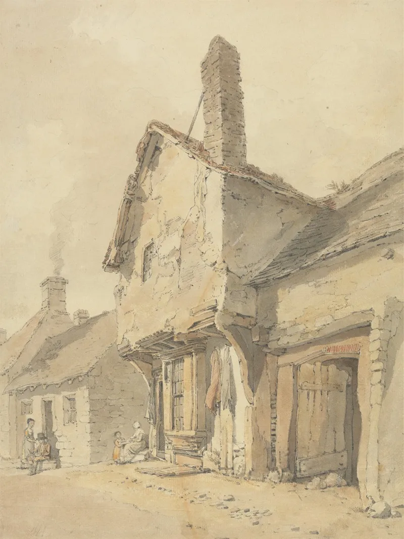 A Village Street Figures By Old Cottages