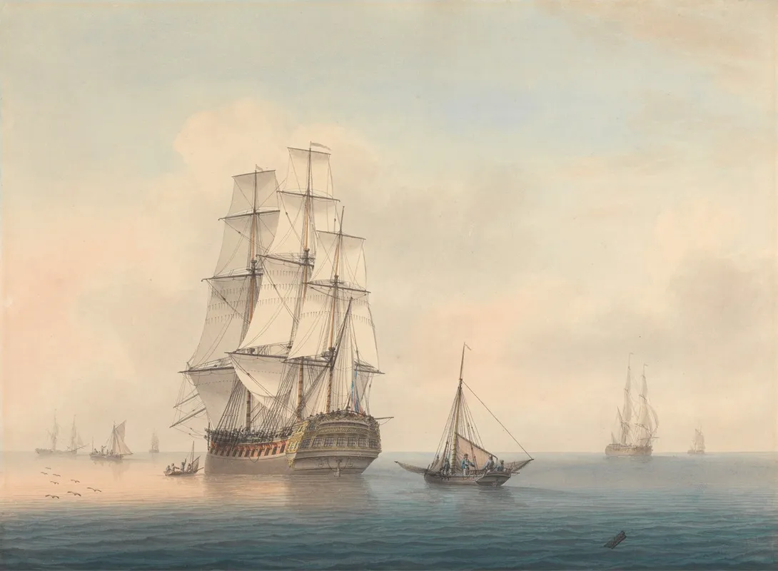A Warship Preparing To Leave The Anchorage by Samuel Atkins - Canvas Print