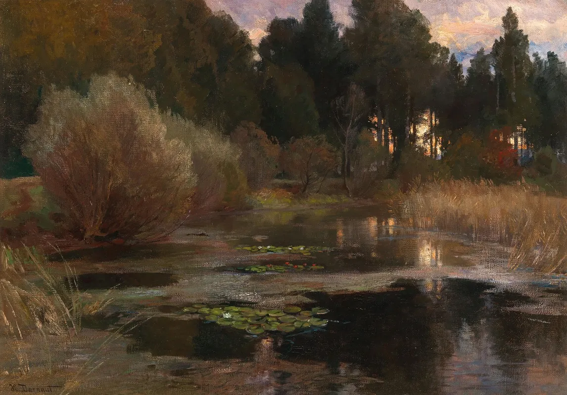 A Water Lily Pond At Dusk by Hugo Darnaut - Canvas Print