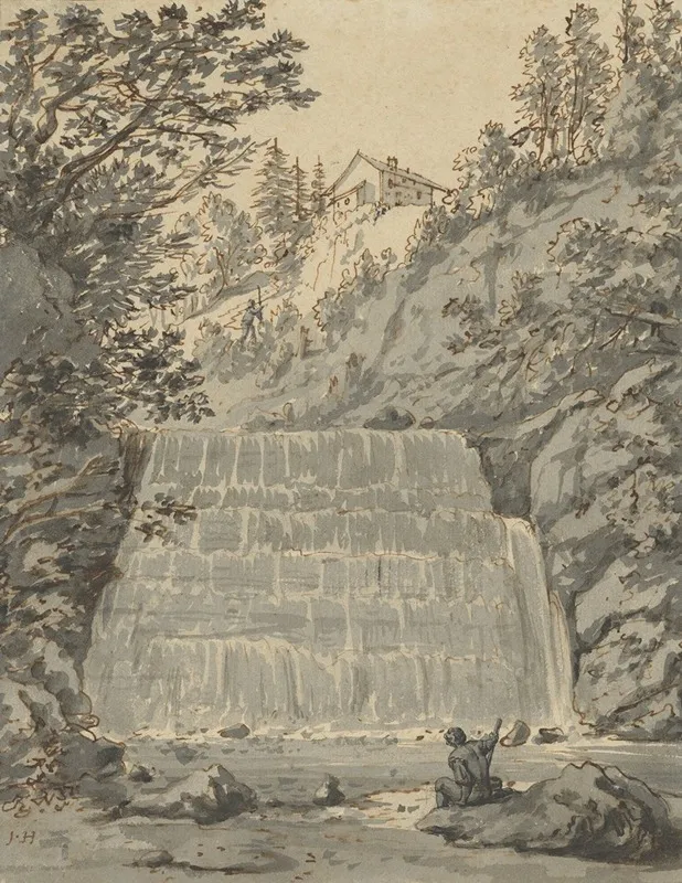 A Waterfall In Switzerland With A Resting Wayfarer by Jan Hackaert - Canvas Print