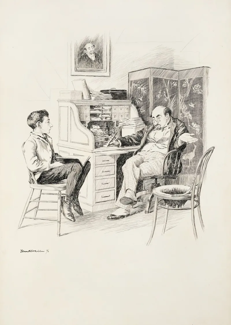 A Wealthy Man At His Desk Talks To A Boy Seated Next To Him With A Book