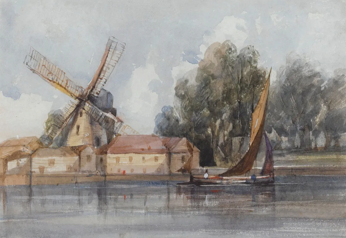 A Wherry Passing A Windmill And Farm Buildings
