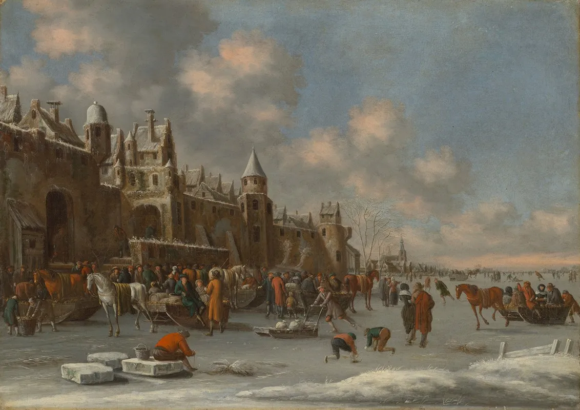 A Winter Landscape With Skaters On A Frozen Lake Near A City Wall by Thomas Heeremans - Canvas Print