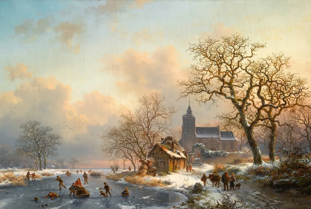 A Winter Landscape With Skaters On A Frozen River by Frederik Marinus Kruseman - Canvas Print