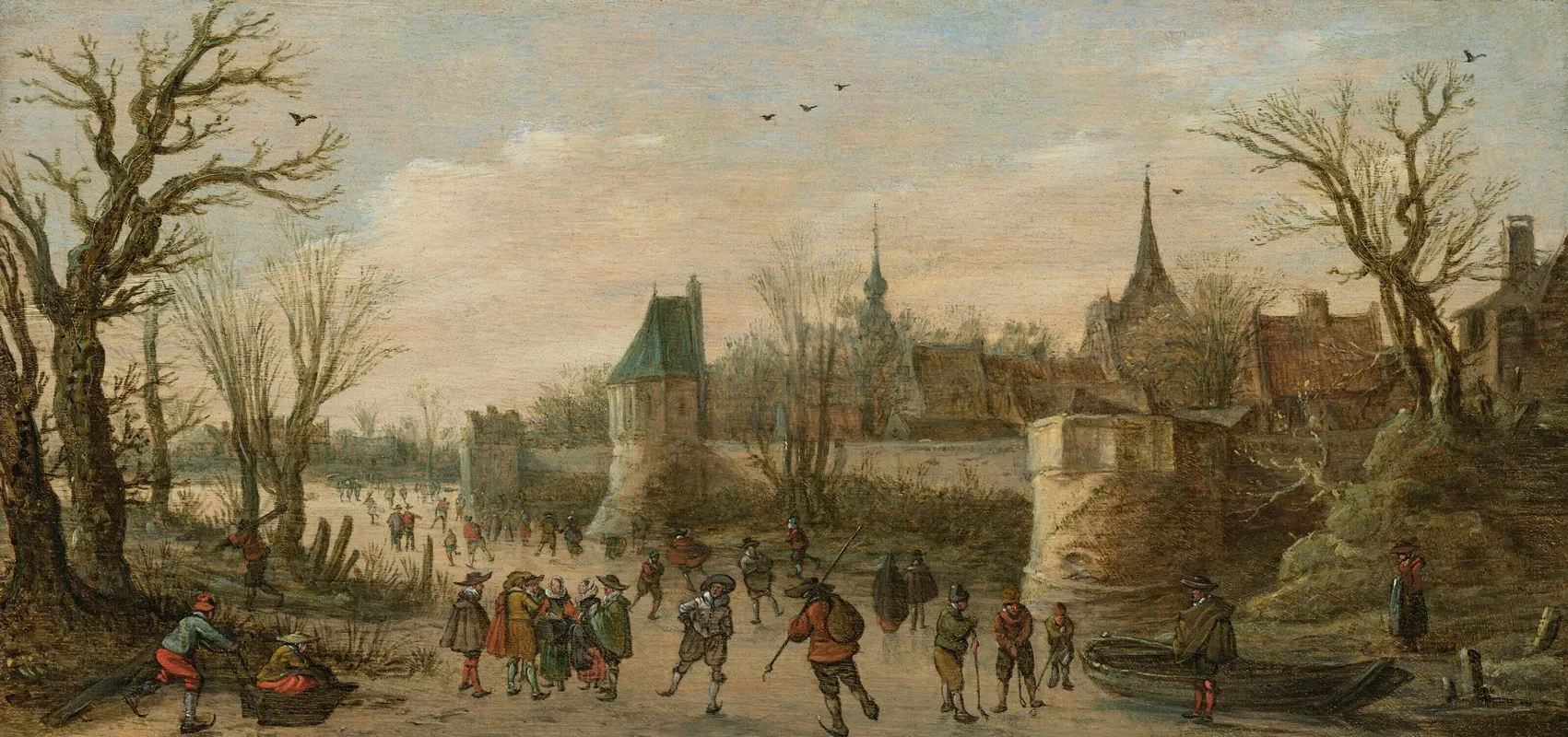 A Winter Landscape With Townspeople Ice Skating Before A Fortified Town