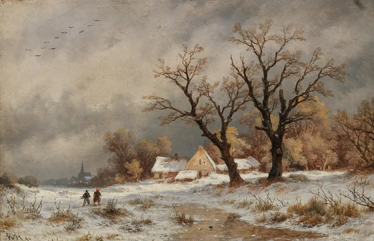 A Winter Landscape With Wood Collectors Before A Small Village