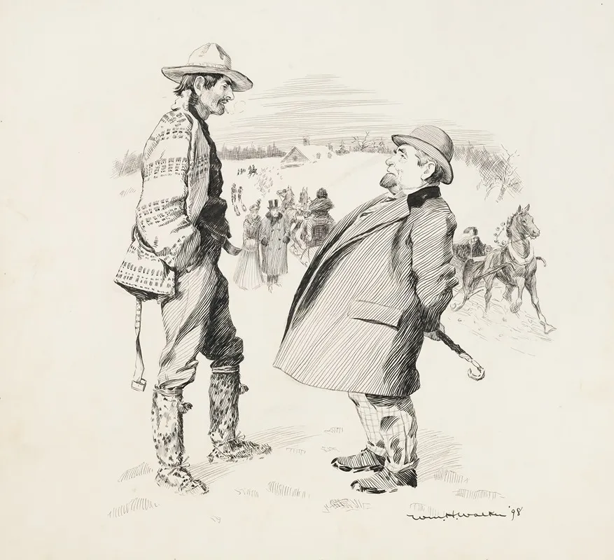 A Winter Scene A Man In A Suit Talks With A Man In Rougher Clothes While Behind Them People In Fine Clothes Walk And Ride In Sleighs