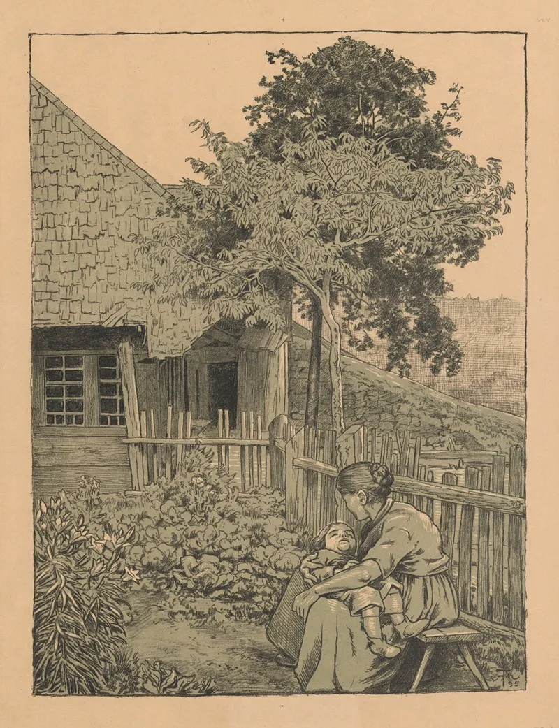 A Woman And Her Child Sitting In The Garden In Front Of A House