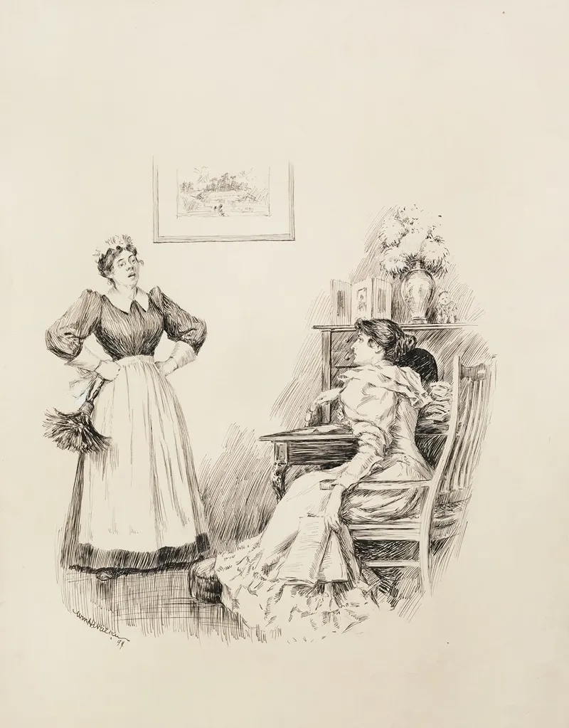A Woman At Her Desk Talks With Her Maid