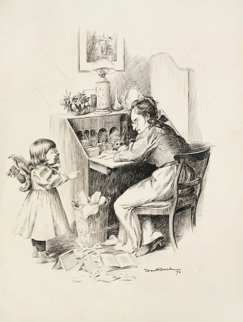 A Woman At Her Desk Trying To Write Looks Angrily At A Crying Young Girl Next To Her