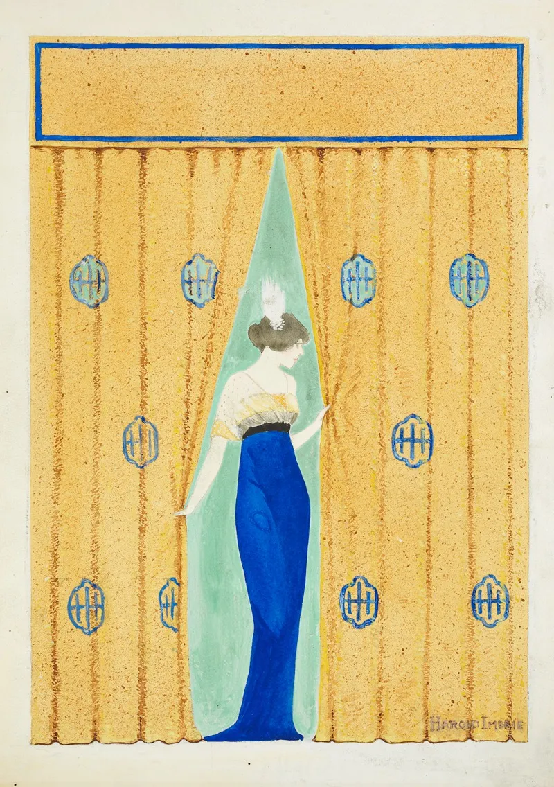 A Woman In A Fancy Dress Comes Through Curtains by Harold Imbrie - Canvas Print