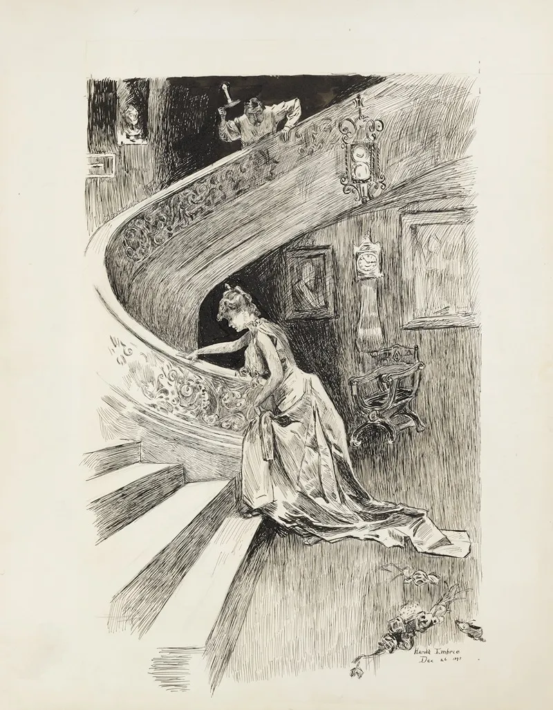 A Woman In A Gown Begins To Climb A Staircase In A Dark Room by Harold Imbrie - Canvas Print