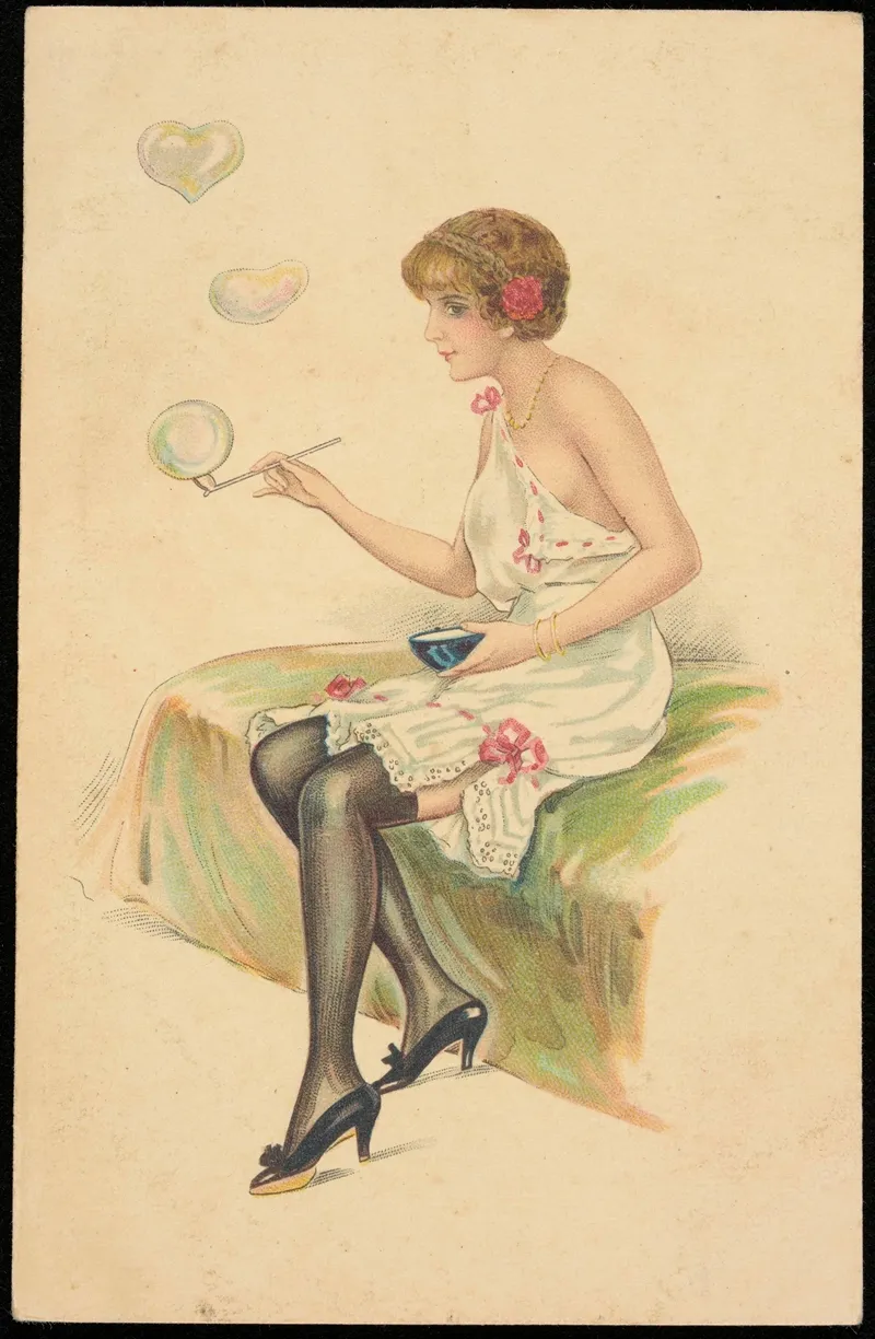 A Woman In A Negligee Blows Soap Bubbles