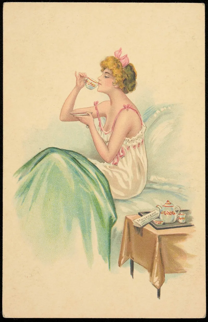 A Woman In A Negligee Drinks Her Morning Coffee In Bed