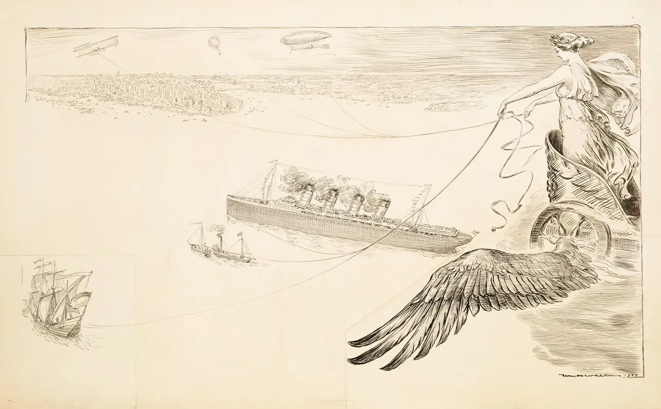 A Woman In A Winged Chariot Holds The Reins To Ships A Plane A Dirigible And A Hot Air Balloon As They Travel Towards A Crowded City