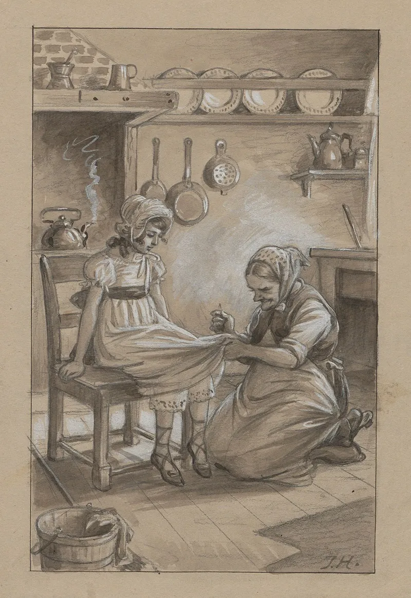 A Woman Is Kneeling Next To A Girl Sitting On A Stool The Woman Is Sewing The Girls Dress by Ingeborg Hyldahl - Canvas Print